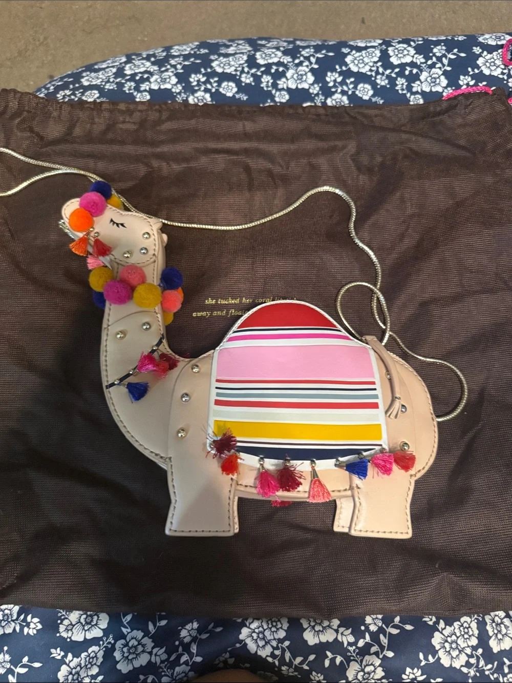 kate spade Beige Camel Crossbody with Multicolor Stripe and Pom-Poms